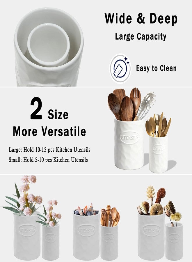 KJEC Utensil Holder, 7.3"+5.4" Ceramic Kitchen Utensil Holder Set of 2, Cooking Utensil Crocks for Countertop, Large Morden Farmhouse Utensil Vase for Housewarming, Kitchen Decor, White - Image 4